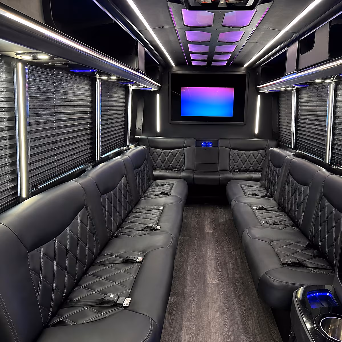 Group beside a Mercedes Sprinter limo in Santa Clara