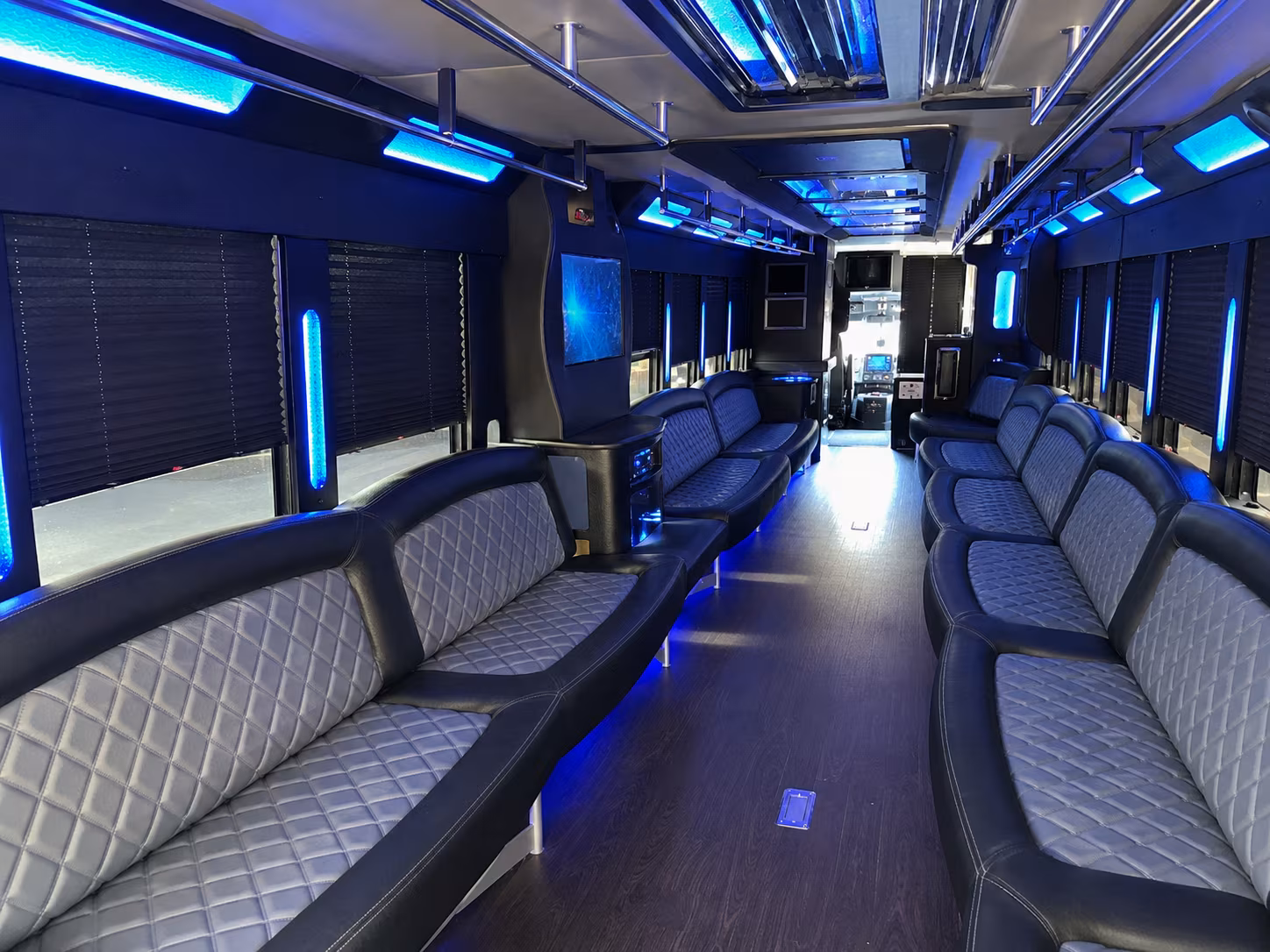 Interior of a party bus rental serving Santa Clara
